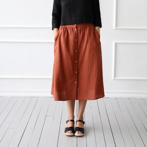 Midi Length Linen Skirt in Redwood color/OFFON CLOTHING