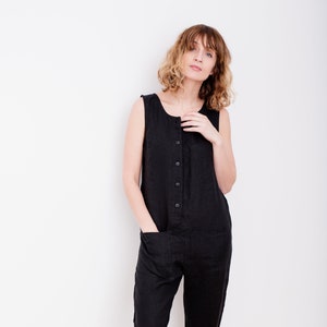 Black Linen Maternity Jumpsuit - Women Sleeveless Overall - Linen Romper - Handmade by OFFON