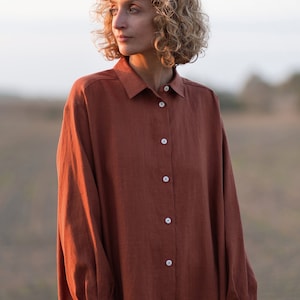 Linen oversized shirt dress / Long sleeve linen shirt dress in redwood / OFFON CLOTHING image 2