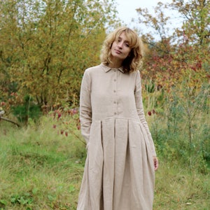 Handmade Beige Linen Maxi Dress: Long Sleeve Pleated Skirt