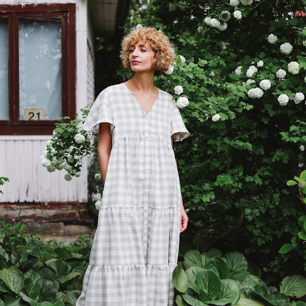 Tiered Maxi linen check dress - Handmade by OFFON Clothing
