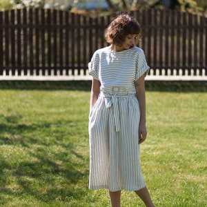 Linen summer dress / Striped Linen Tie Belt Dress / Handmade by OFFON CLOTHING