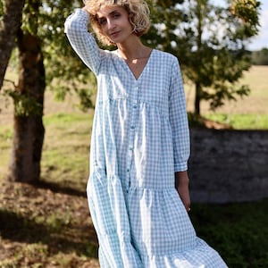 Cotton Boho dress/Checkered cotton dress with long sleeves/OFFON CLOTHING