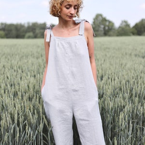 Tie-strap linen jumpsuit / Sleeveless linen romper / OFFON CLOTHING image 2