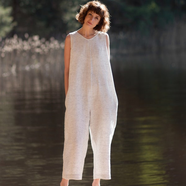 Maternity Linen Oversize Wide Leg Jumpsuit In Pinstripes / Handmade by OFFON