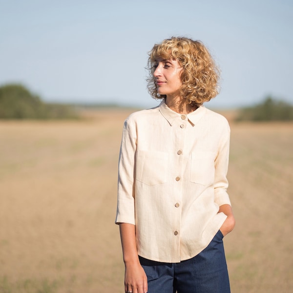 Classic linen shirt in ivory / Button up linen top / OFFON CLOTHING