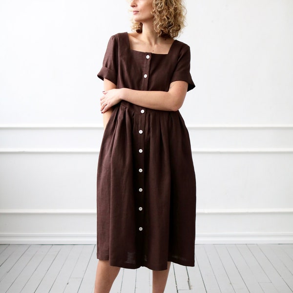 Linen dress in chocolate brown color / OFFON Clothing