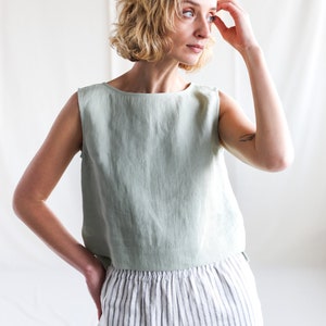 Linen sleeveless top. Cropped hem linen blouse. Handmade by OFFON Clothing