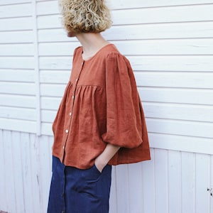 Linen puffy sleeve blouse / OFFON CLOTHING