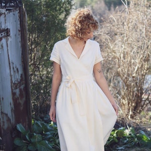 Linen Revere Collar Wrap Dress in Ivory OFFON CLOTHING Etsy