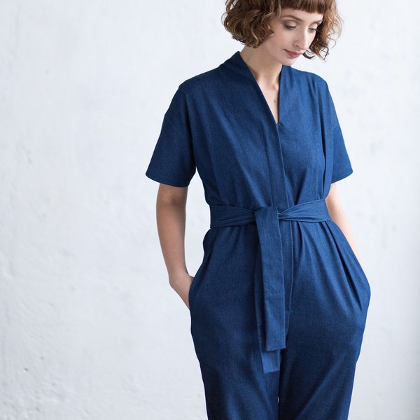 Denim tie-belt jumpsuit / Women jean overall / OFFON Clothing