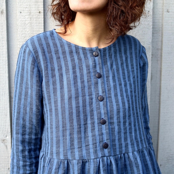 Linen Dress - Striped Linen Dress - Organic Linen Dress - Blue Striped Linen Dress - Linen Women Dress - Handmade by OFFON