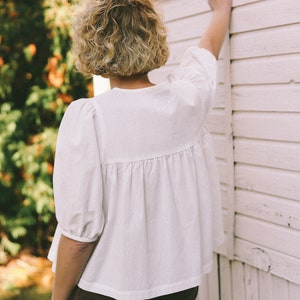 Cotton Ruffled Blouse / White Cotton Top / Puffy Sleeve Cotton Blouse / Handmade by OFFON