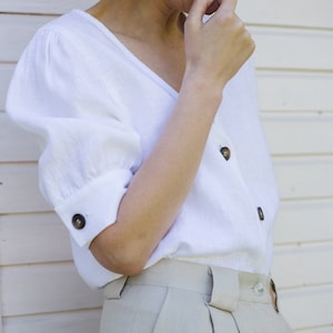 White linen V-neck blouse / Puff sleeves linen top / OFFON CLOTHING