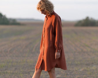 Linen oversized shirt dress / Long sleeve linen shirt dress in redwood / OFFON CLOTHING