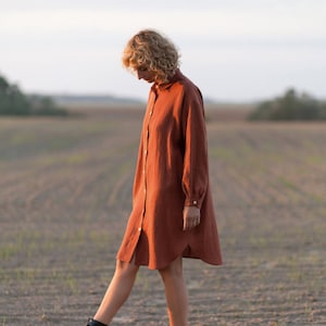 Linen oversized shirt dress / Long sleeve linen shirt dress in redwood / OFFON CLOTHING