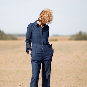 Denim relaxed silhouette jumpsuit / Denim long sleeve coverall / OFFON CLOTHING image 4