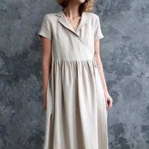 Linen Wrap Dress in Beige/belted Linen Short Sleeve Dress/offon ...