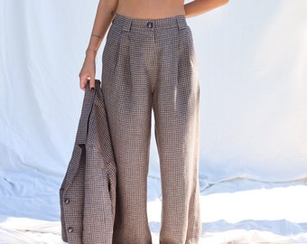 Pleated gingham linen palazzo trousers • OFFON Clothing