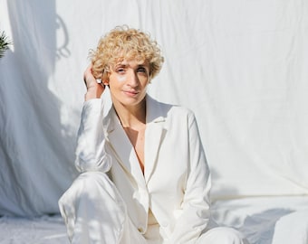 Ecru getailleerde elegante blazer met naaldkoord • OFFON Clothing