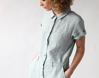 Linen short sleeve coverall jumpsuit / OFFON CLOTHING