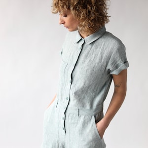 Linen short sleeve coverall jumpsuit / OFFON CLOTHING