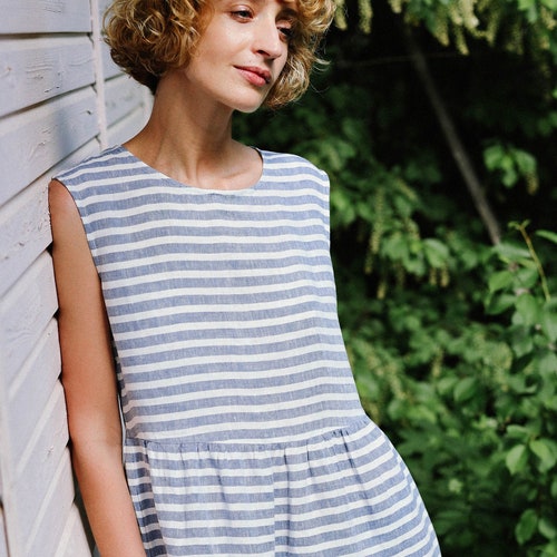 Sleeveless Striped Linen Dress / OFFON CLOTHING | Etsy