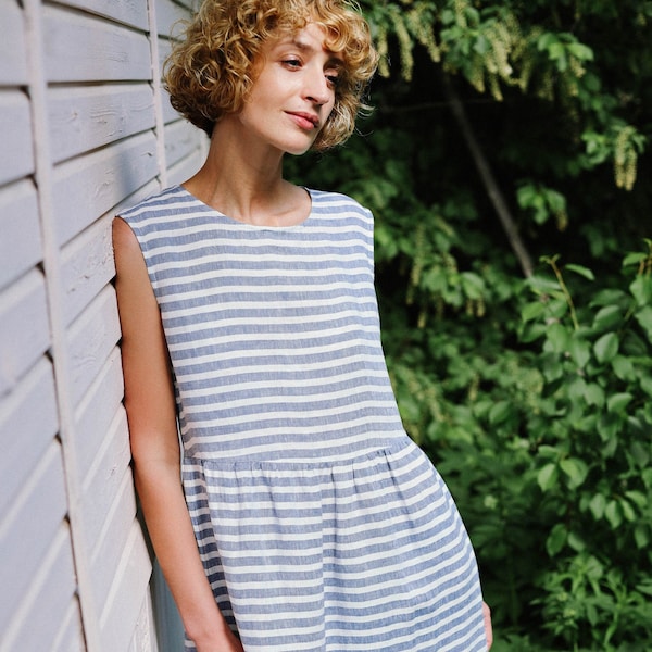 Striped Sleeveless Linen Dress - Loose Fit High Waist Dress - Handmade by OFFON