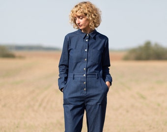 Denim relaxed silhouette  jumpsuit / Denim long sleeve coverall / OFFON CLOTHING