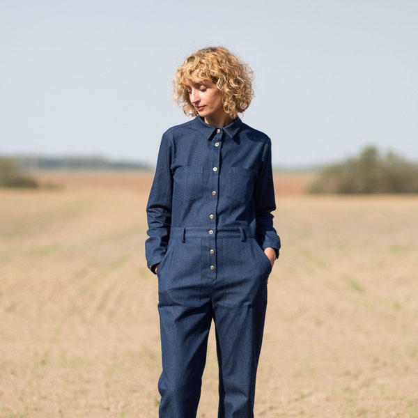 Denim relaxed silhouette  jumpsuit / Denim long sleeve coverall / OFFON CLOTHING