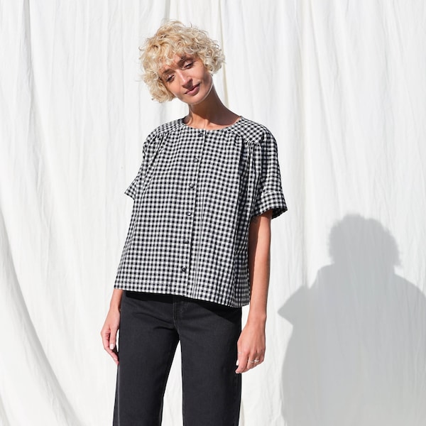Loose short sleeve gingham blouse ACEL • OFFON CLOTHING