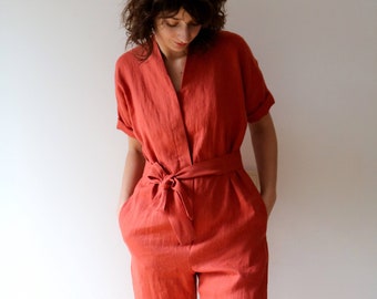 Linen Jumpsuit In Burnt Orange - Short Sleeve Romper - Linen Overall- Handmade by OFFON