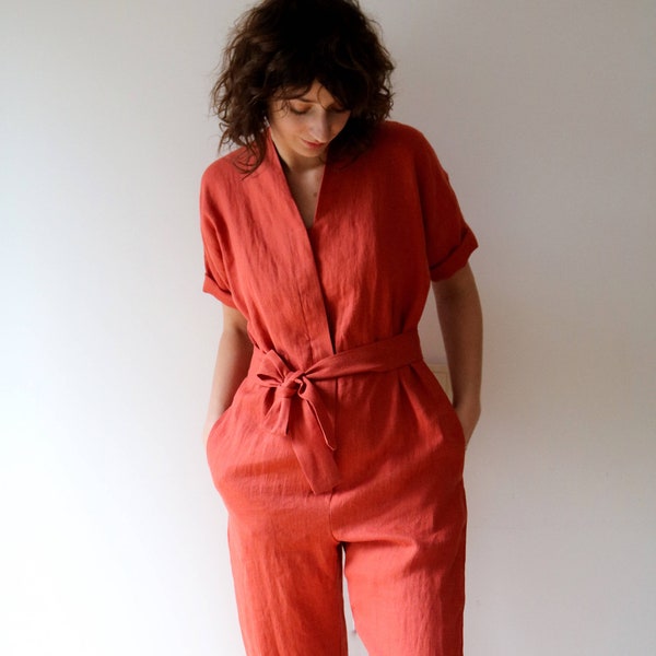 Linen Jumpsuit In Burnt Orange - Short Sleeve Romper - Linen Overall- Handmade by OFFON