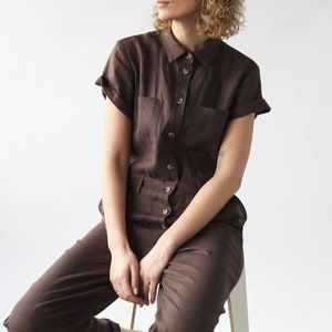 Linen short sleeve coverall jumpsuit / OFFON CLOTHING