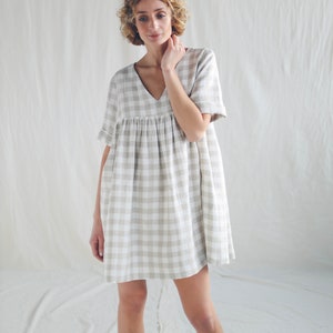 Checkered linen smock mini dress CECILE / OFFON Clothing