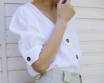 Blusa de lino blanca con cuello en V / Top de lino con mangas abullonadas / OFFON CLOTHING