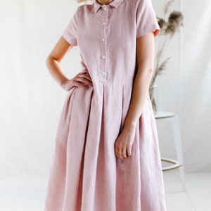 Linen Pleated Skirt Dress - Pink Linen Dress - Short Sleeved Linen Dress - Handmade by OFFON