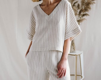 Oversized V-neck linen blouse and wide leg pants set / OFFON CLOTHING