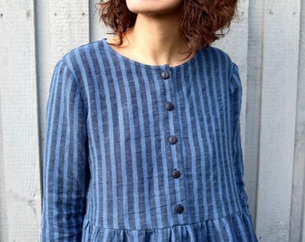 Linen Dress - Striped Linen Dress - Organic Linen Dress - Blue Striped Linen Dress - Linen Women Dress - Handmade by OFFON