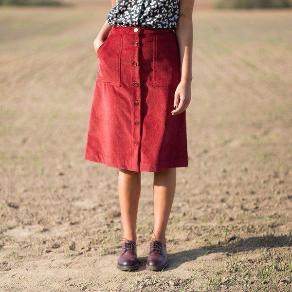 Aline corduroy button down skirt in red / OFFON CLOTHING