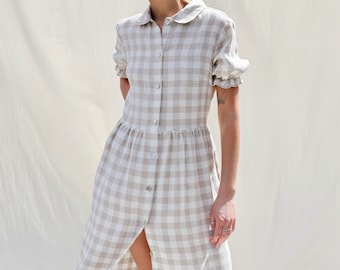 Checkered linen button down dress MAY  - Handmade by OFFON