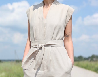 Sleveless linen jumpsuit in beige / Handmade by OFFON CLOTHING