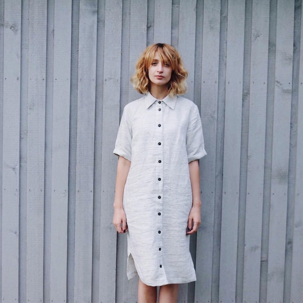 Stiped linen casual shirt day dress /OFFON CLOTHING