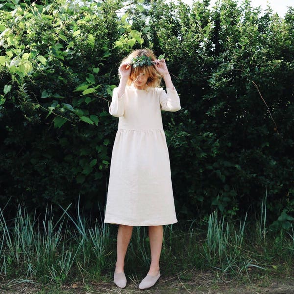 Linen Dress - Ivory Linen Dress - 3/4 Sleeve Dress - Loose Fit Dress - High Waist Dress - Ivory Linen Dress - Handmade by OFFON