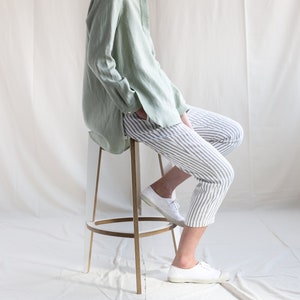 Linen cropped leg trousers in stripes. Handmade by OFFON Clothing