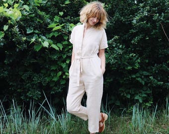 Linen Jumpsuit - Linen Jumpsuit - Ivory Linen Jumpsuit - Short Sleeve Linen Jumpsuit - Overall - Ivory Linen - Handmade by OFFON