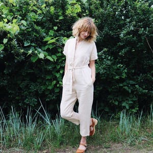 Linen Jumpsuit - Linen Jumpsuit - Ivory Linen Jumpsuit - Short Sleeve Linen Jumpsuit - Overall - Ivory Linen - Handmade by OFFON