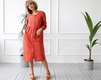 Button down smock linen dress / OFFON CLOTHING