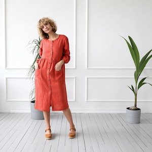 Button down smock linen dress / OFFON CLOTHING