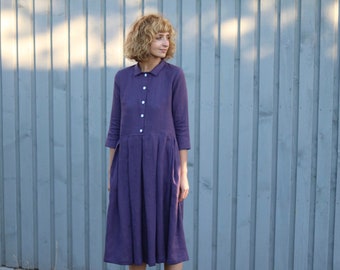 Linen shirt collar dress with front buttons / Linen loose pleated skirt dress / OFFON Clothing